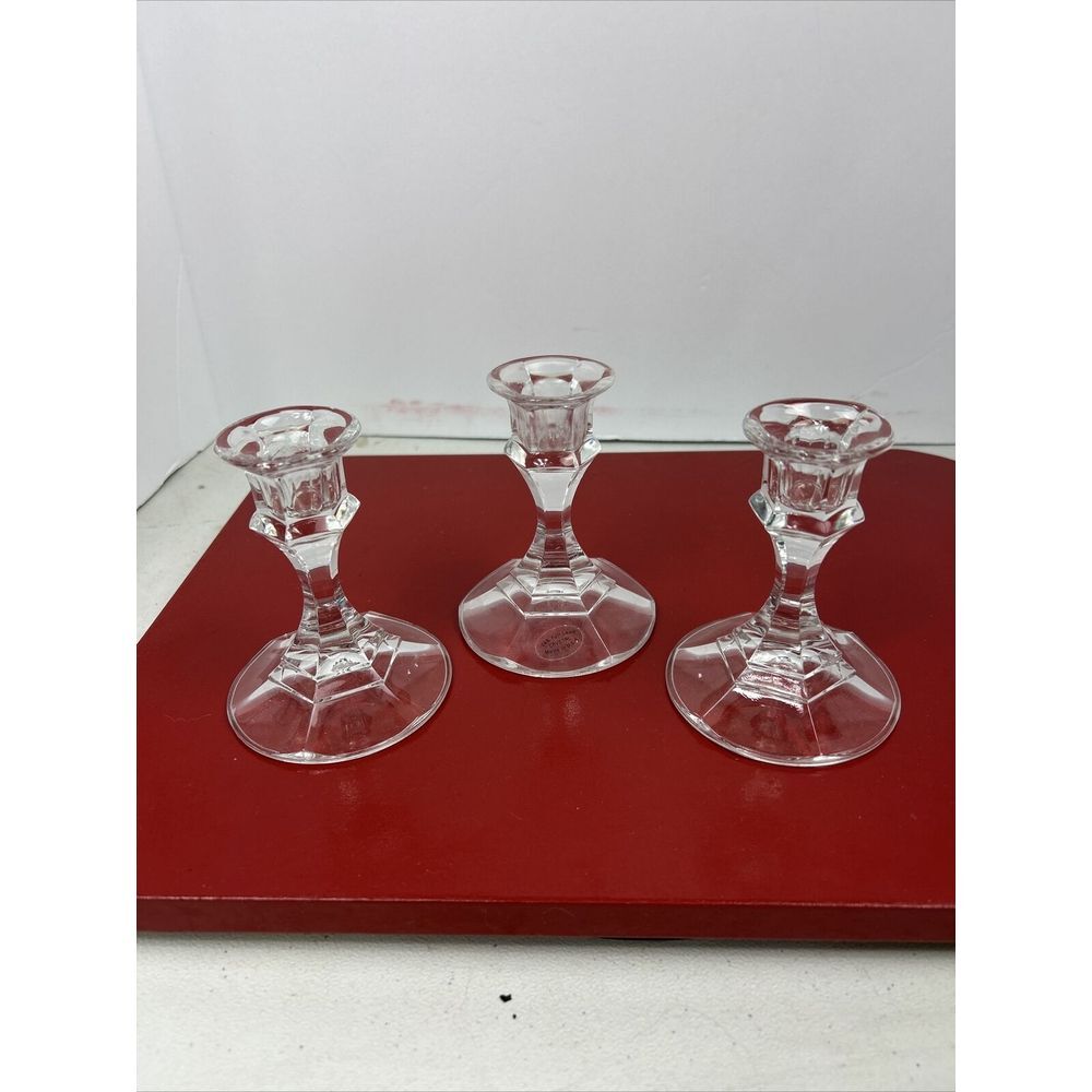 3 Vintage 24% Crystal Clear 4"‎ Candlestick USA Libbey Glass Company